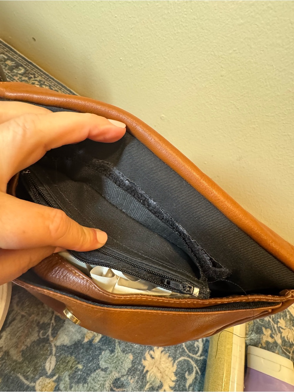 TravelSmith tan leather-trimmed black tote - Picture 6 of 11